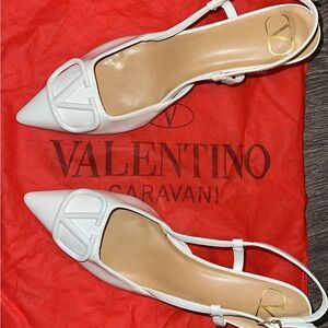 Valentino White Pointed Toe Logo Slingback Pumps